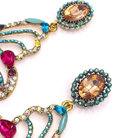 Large Yellow Gold with Colorful Crystal Dangling Post Back Butterfly Earrings - Picture 6 of 9